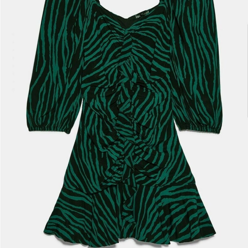 Green Zebra-Print Puff Sleeve Mini Dress - Picture 4 of 10
